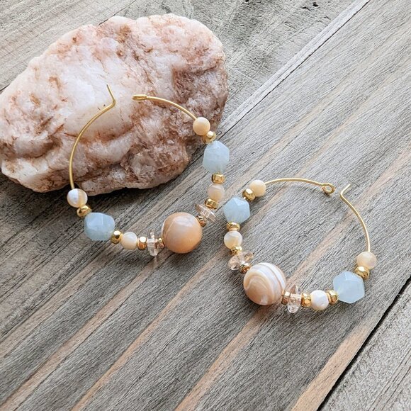 Gold, Aquamarine and Shell Artisan Hoop Earrings - Picture 1 of 9